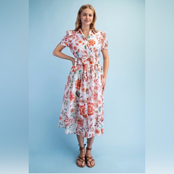 Dresses & Skirts - D013. Playful Floral Print Midi Shirt Dress